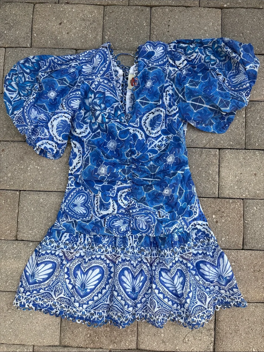 Farm Rio Blue Printed Puff-Sleeve Wrap Top
